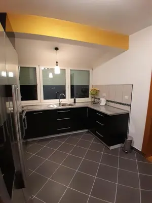 a kitchen with a sink and a counter top at Apartman Gold&Black Banja Luka in Banja Luka
