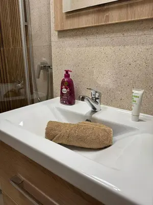 a bathroom sink with a soap dispenser on it at Apartman Iris in Banja Luka