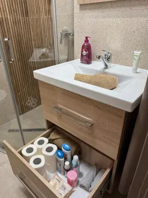 a bathroom with a sink and a cabinet with toiletries at Apartman Iris in Banja Luka