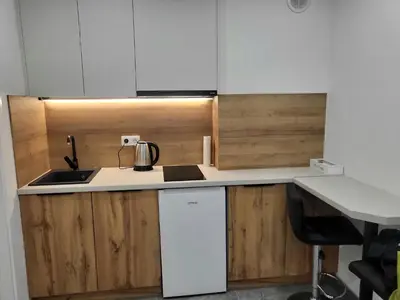 a kitchen with wooden cabinets and a sink and a desk at Ellie in Banja Luka
