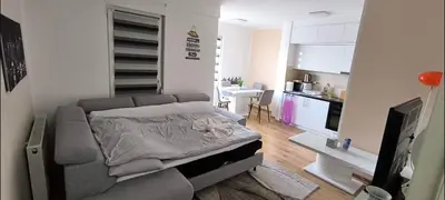 a living room with a bed and a kitchen at City apartman Modrica in Modriča