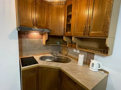 a kitchen with wooden cabinets and a sink at Apartman Vlašić Eko Fis 508 in Šišava