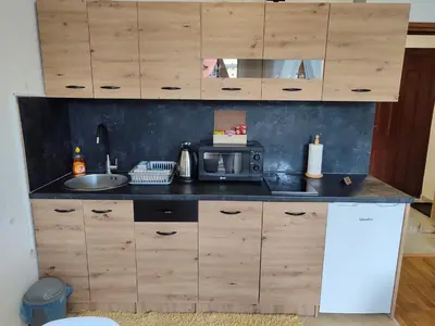 a kitchen with a sink and a microwave at Apartman Kovačević Vlašić in Vlasic