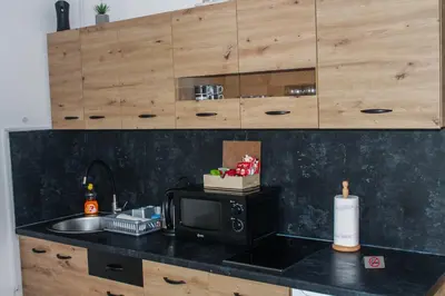 a kitchen counter with a microwave and a sink at Apartman Kovačević Vlašić in Vlasic