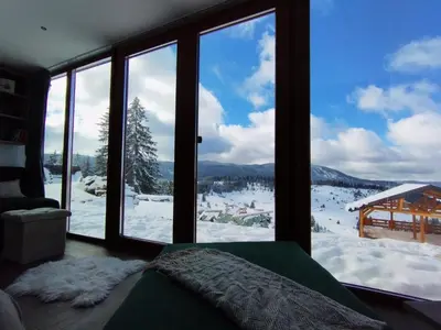 a bedroom with a view of a snowy mountain through windows at Pine Apartment in Travnik