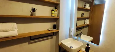 a bathroom with a sink and a toilet and shelves at Pine Apartment in Travnik