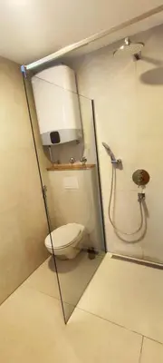 a bathroom with a toilet and a glass shower stall at Pine Apartment in Travnik