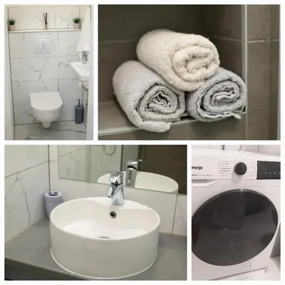 a collage of four pictures of a bathroom with towels at Apartman Paradiso in Jajce
