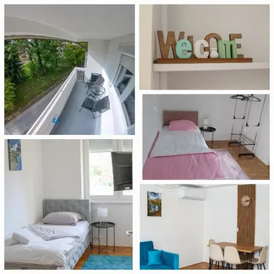 a collage of pictures of a bedroom and a room at Apartman Paradiso in Jajce