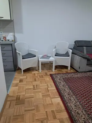 a living room with a couch and two chairs and a rug at Apartmani Jaca in Tuzla