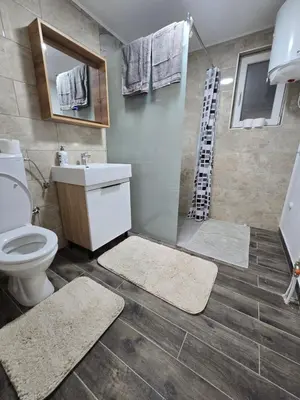 a bathroom with a toilet and a shower with rugs at Plavi most in Tuzla