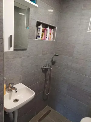 a bathroom with a sink and a shower at Vikendica Kozlovac in Tuzla
