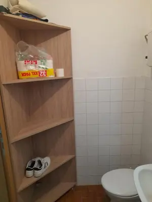 a bathroom with a toilet and a pair of shoes at Palma Apartman in Tuzla