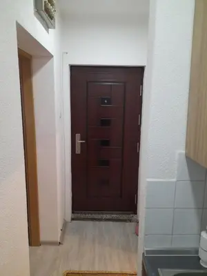 a hallway with a brown door in a room at Palma Apartman in Tuzla