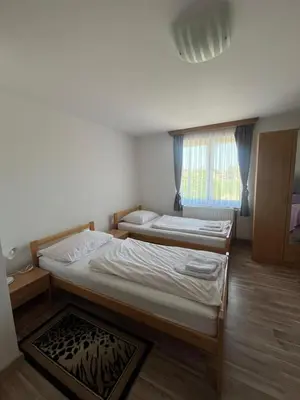 two twin beds in a room with a window at Motel i Restoran Ana in Donji Svilaj
