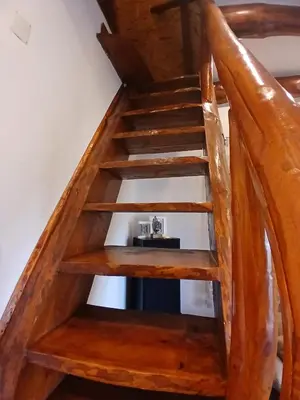 a wooden spiral staircase in a house at Forest house ALEKSANDAR in Srbac