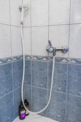 a shower head in a bathroom with blue tiles at The Hide Aside in Plješevica