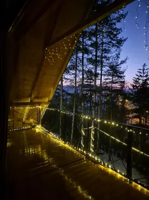 a deck with christmas lights on a bridge at Villa Pine in Lukavac