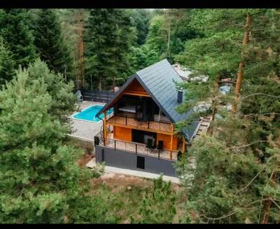 an overhead view of a house with a pool at Villa Pine in Lukavac