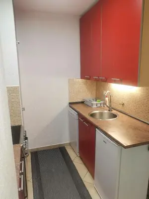 a small kitchen with a sink and red cabinets at Srce grada Gradiška in Bosanska Gradiška