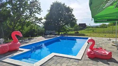 a swimming pool with two inflatable swans in it at Vikendica El Paradiso Banjaluka in Laktaši
