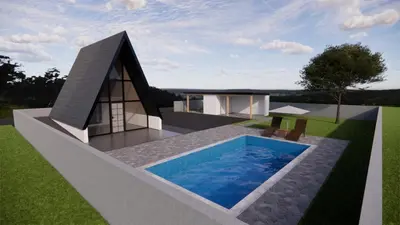 a rendering of a house with a swimming pool at Vikendica sa bazenom HUZUR in Cazin