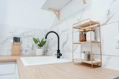 a kitchen counter with a sink and a faucet at Apartment Friday in Travnik