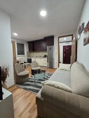 a living room with a bed and a kitchen at Apartman Manjić in Doboj