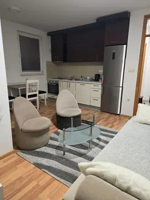 a kitchen with a couch and chairs and a table at Apartman Manjić in Doboj