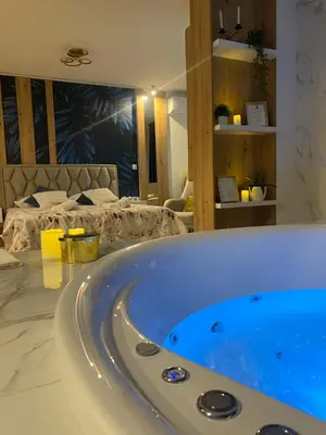 a bath tub in a room with a bed at Kalipso spa apartman sa jakuzzijem in Doboj