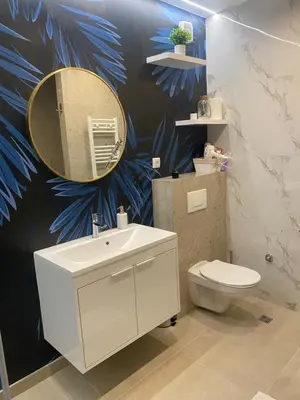 a bathroom with a sink and a mirror and a toilet at Kalipso spa apartman sa jakuzzijem in Doboj