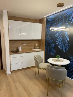 a kitchen with a table and a table and chairs at Kalipso spa apartman sa jakuzzijem in Doboj