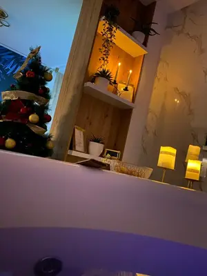a christmas tree in a living room with a christmas tree at Kalipso spa apartman sa jakuzzijem in Doboj