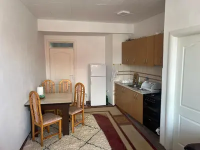 a kitchen with a table and chairs and a refrigerator at Apartman Dila in Vlasic