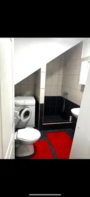 a bathroom with a toilet and a red rug at Apartman Dila in Vlasic