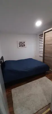 a bedroom with a blue bed and a rug at Apartman Pinja in Vlasic