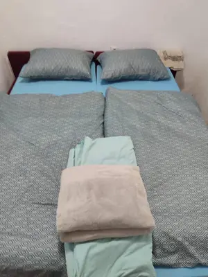 two beds sitting next to each other in a bedroom at Apartman Luna in Vrbanja