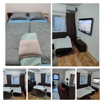 a collage of four pictures of a bedroom at Apartman Luna in Vrbanja