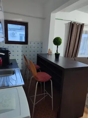 a kitchen with a black desk with a plant on it at Apartman Luna in Vrbanja