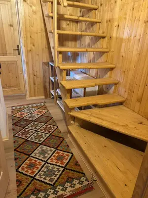 a wooden staircase in a room with a rug at Mountain Mia in Šišava