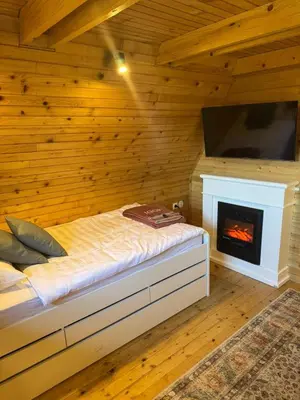 a bedroom with a bed with a fireplace and a tv at Mountain Mia in Šišava