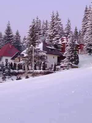 a house covered in snow in front of trees at Relaks dream in Vlasic