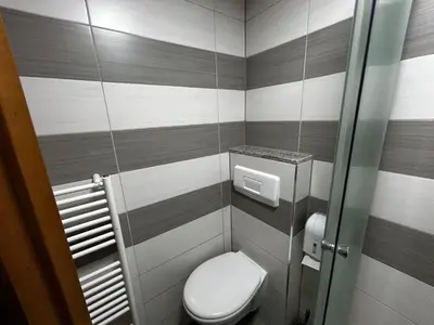 a small bathroom with a toilet with striped walls at Prenoćište Euro-Jet Ćoralići in Ćoralići