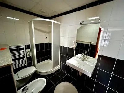 a bathroom with two toilets and a shower and a sink at Prenoćište Euro-Jet Ćoralići in Ćoralići