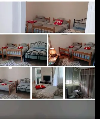 a collage of four pictures of beds in a room at Apartman Nafo in Bihać