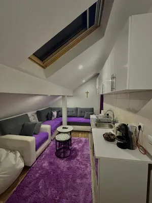 a kitchen and living room with a purple rug at Petra Luxury in Livno