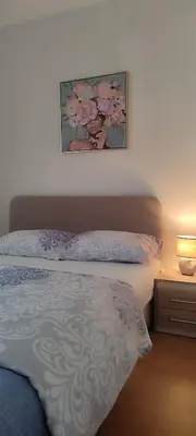 a bedroom with a bed and a picture on the wall at Apartman Rubin20 in Doboj