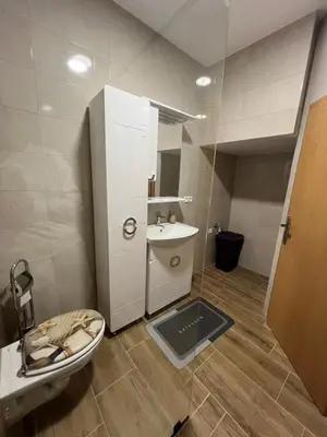 a bathroom with a toilet and a sink and a mirror at Apartman Mrša in Livno