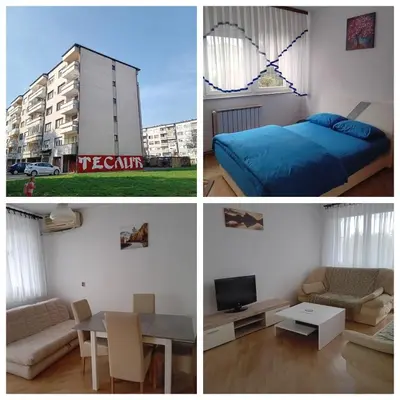 four pictures of a room with a bed and a table at Stan na dan Miki -M Teslic in Teslić