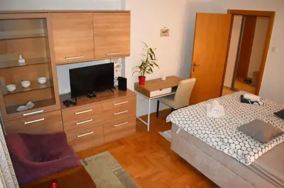 a bedroom with a bed and a tv and a desk at ViGoSt in Banja Luka